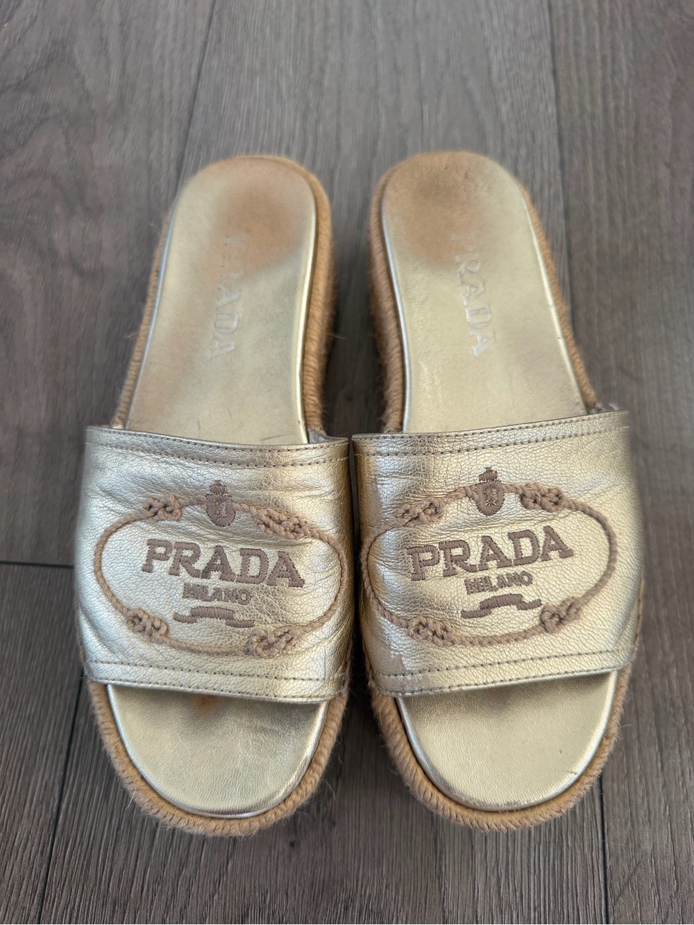 Prada Metallic Gold Slides Wedges Sandals Espadrilles - Picture 6 of 6